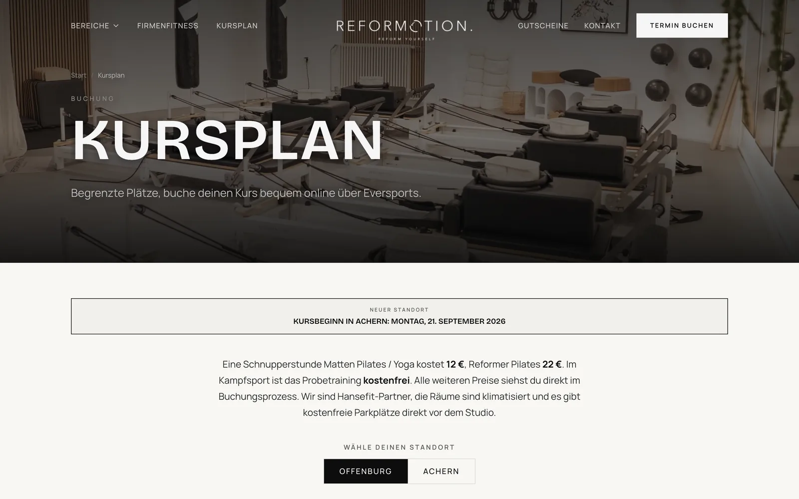 Kursplan REFORMOTION mit Eversports-Buchung